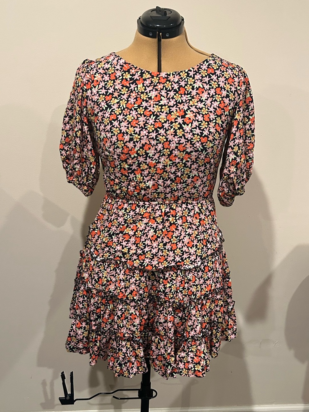 Black Floral Puff-Sleeve Mini Dress in Multi-Color- open back with 3 ties